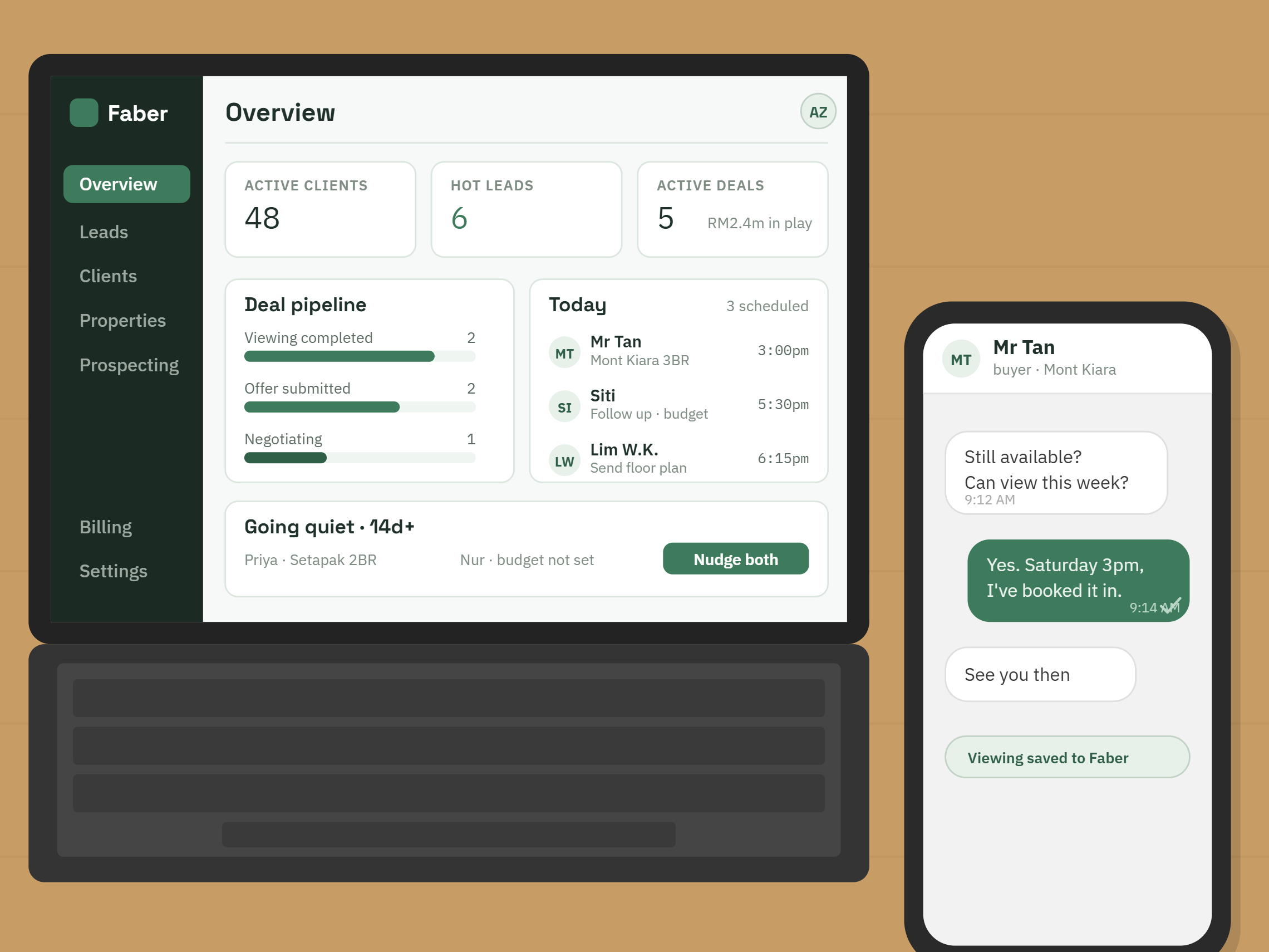 The same desk, calm: the phone shows one resolved chat confirming a viewing was saved to Faber, the laptop shows Faber's own organised dashboard