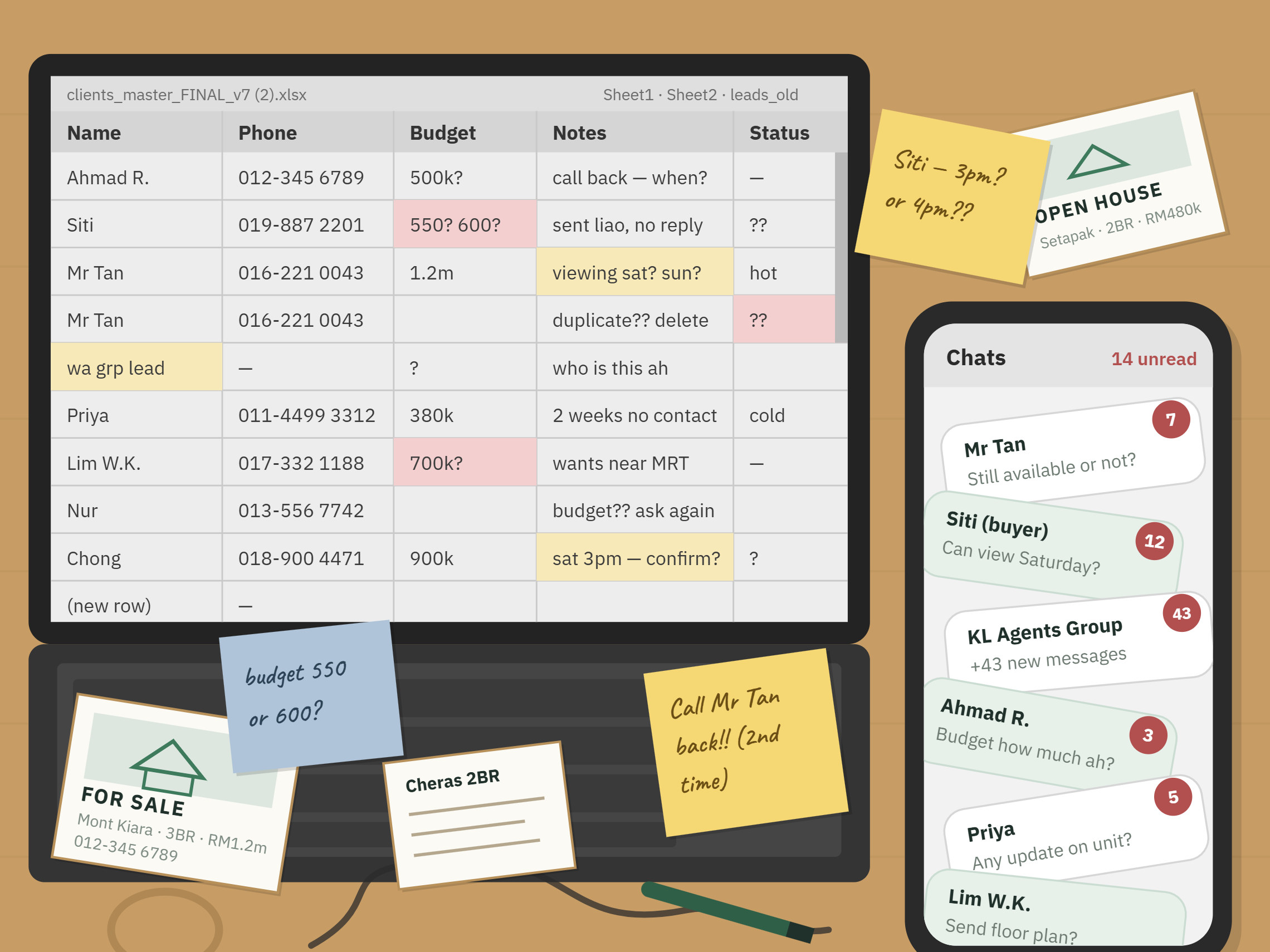 A cluttered agent's desk: a phone buried under a pile of unread WhatsApp chats, a laptop open to a messy spreadsheet, sticky notes and flyers scattered everywhere